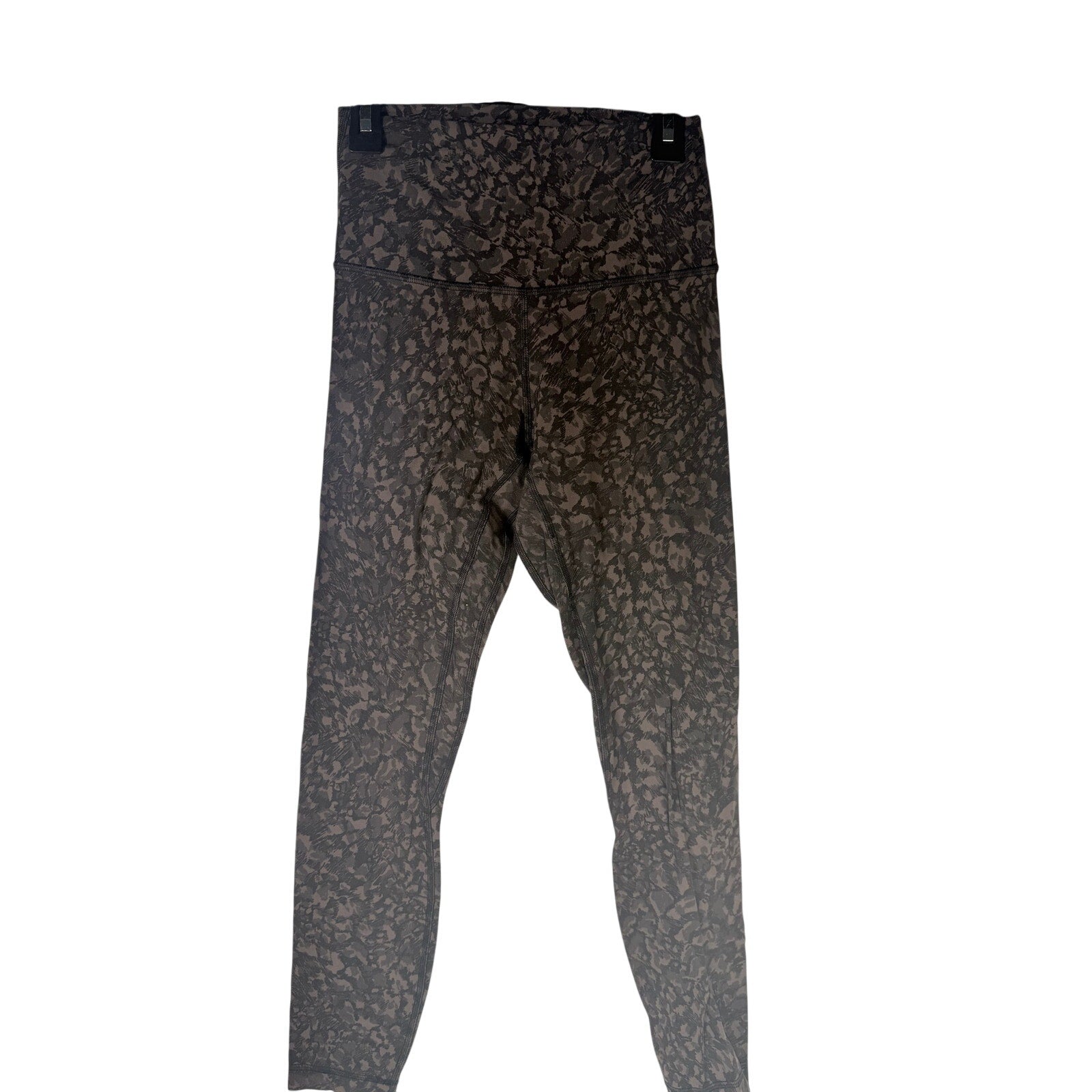 Lululemon women's Align high-rise leggings in brown and black camo, 25-inch length, size 4, shown on a model.
