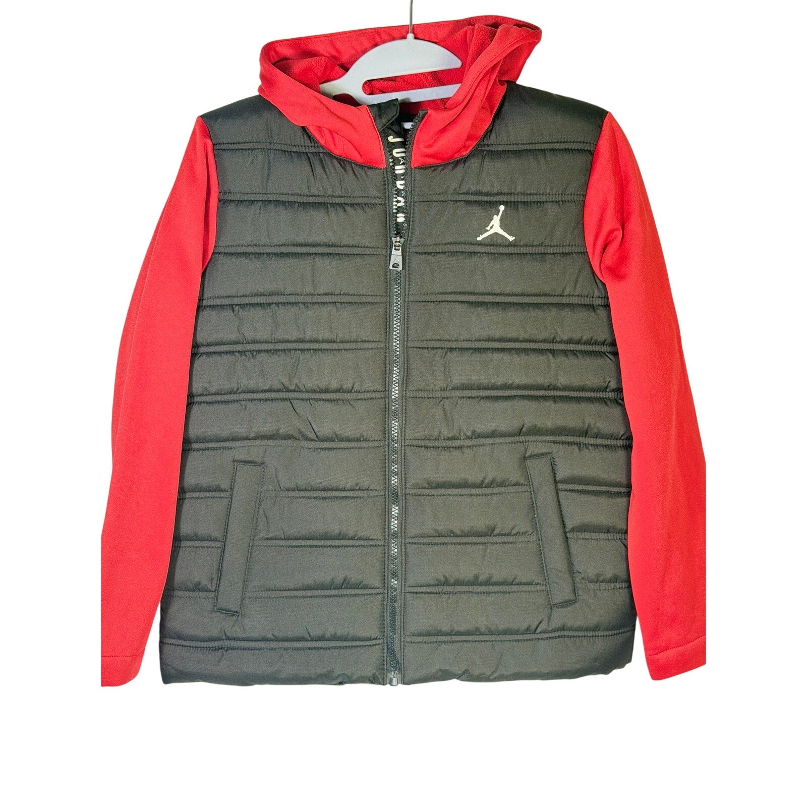 Jordan boys' black and red hybrid puffer jacket with hood, full zip closure, size M 10-12, lightweight and insulated.