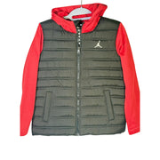 Jordan boys' black and red hybrid puffer jacket with hood, full zip closure, size M 10-12, lightweight and insulated.
