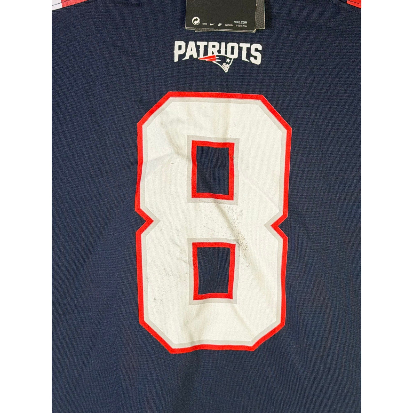 Nike youth New England Patriots Stefon Diggs #8 navy game jersey, size small, featuring team logo and player number.