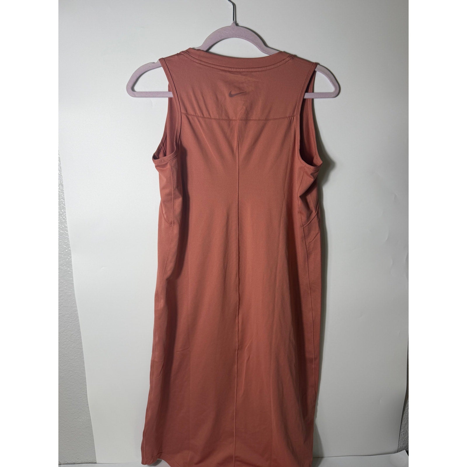 Nike Dri-FIT maternity sleeveless midi dress for women, pink, medium size, casual fit, with Nike branding visible.