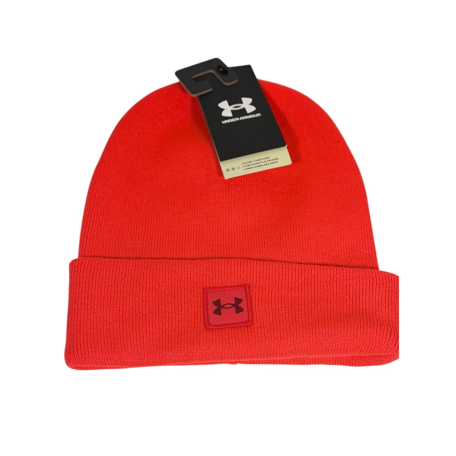 Under Armour red unisex cuffed knit beanie hat, soft fabric with a snug fit, perfect for cold weather.