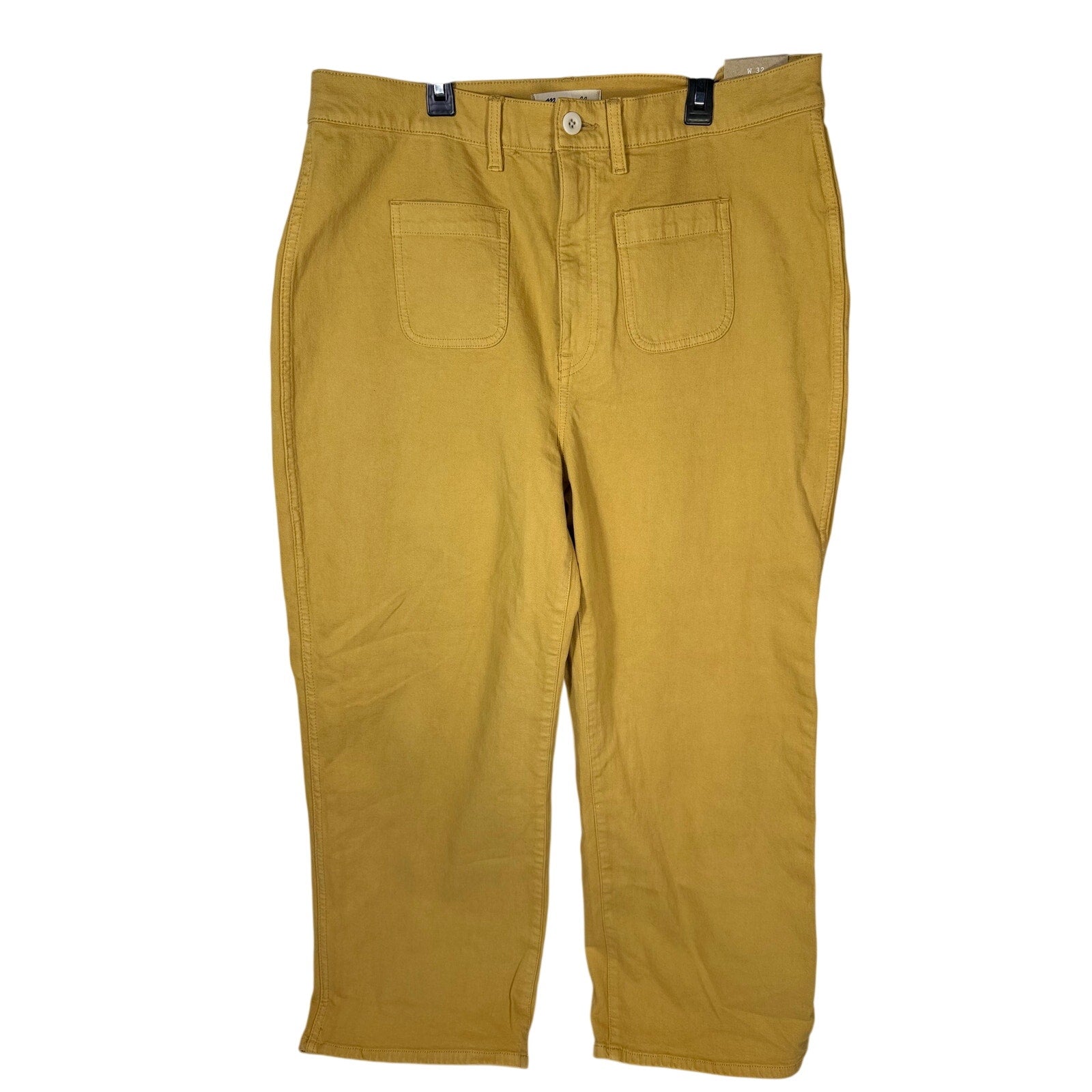 Madewell The Perfect Vintage wide-leg crop pants in mustard yellow, size 32, displayed on a hanger with a high waist and relaxed fit.
