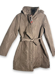 Jones New York women's taupe brown quilted belted hooded coat, medium size, with front pockets and a cozy, stylish design.