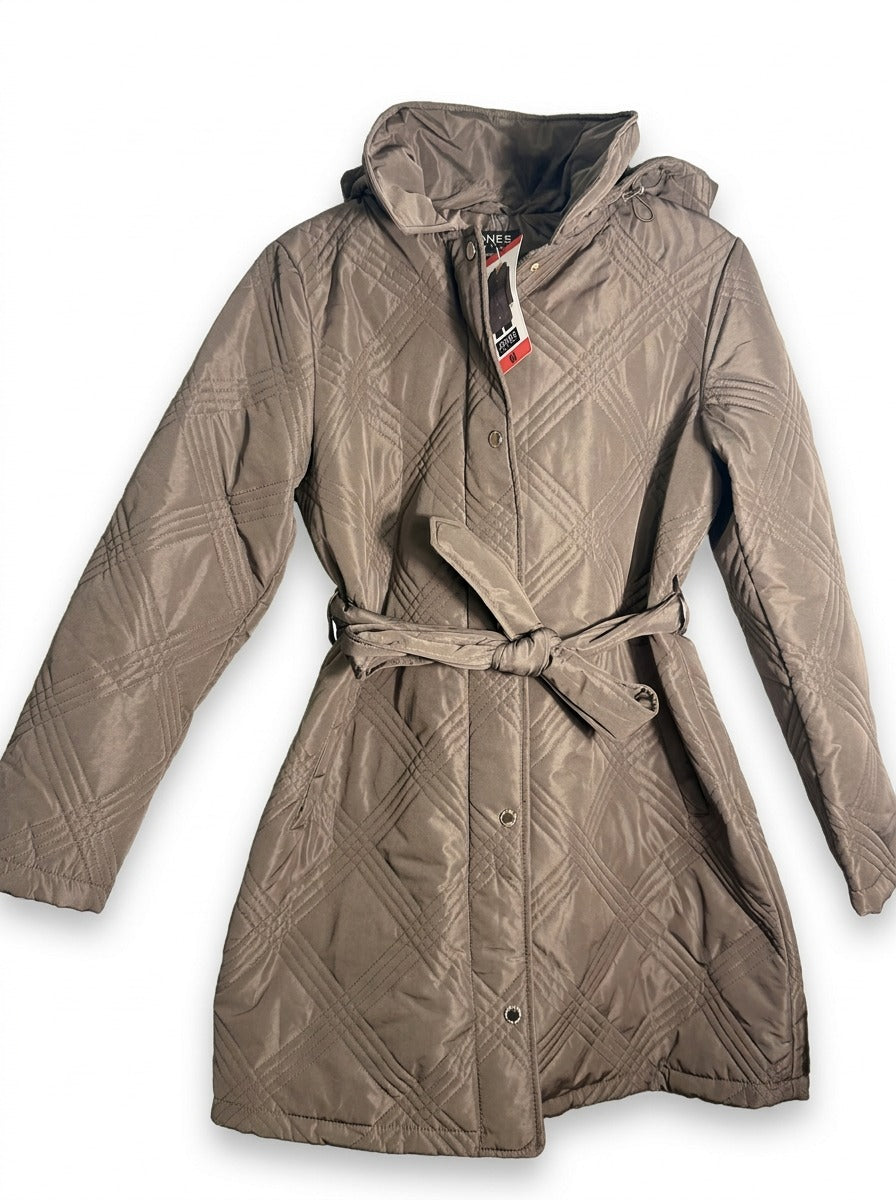 Jones New York women's taupe brown quilted belted hooded coat, medium size, with front pockets and a cozy, stylish design.