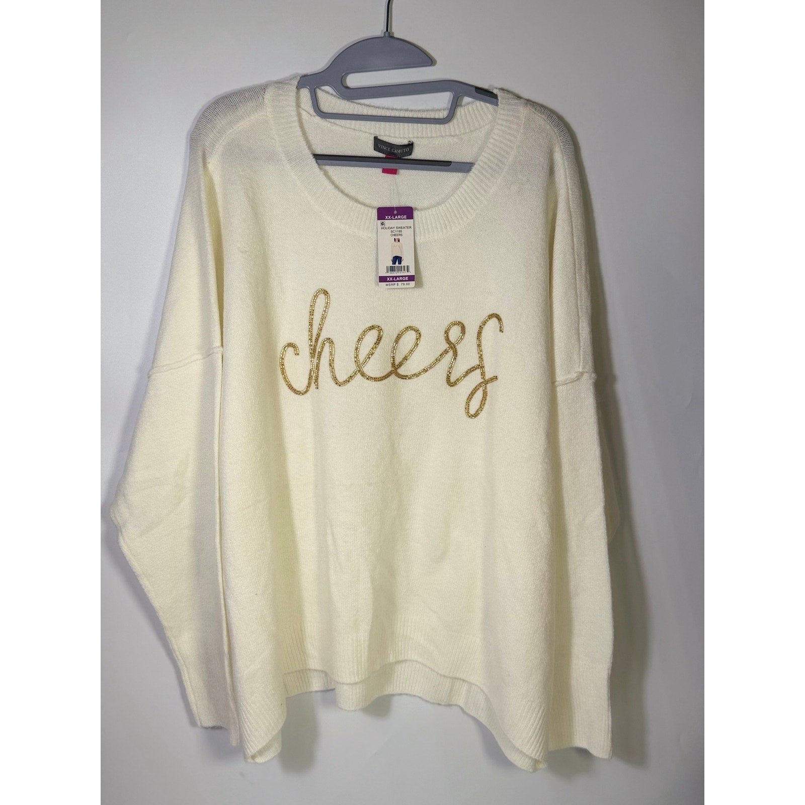 Vince Camuto Cheers holiday sweater for women in XXL, cream color with gold beaded accents, festive and stylish.