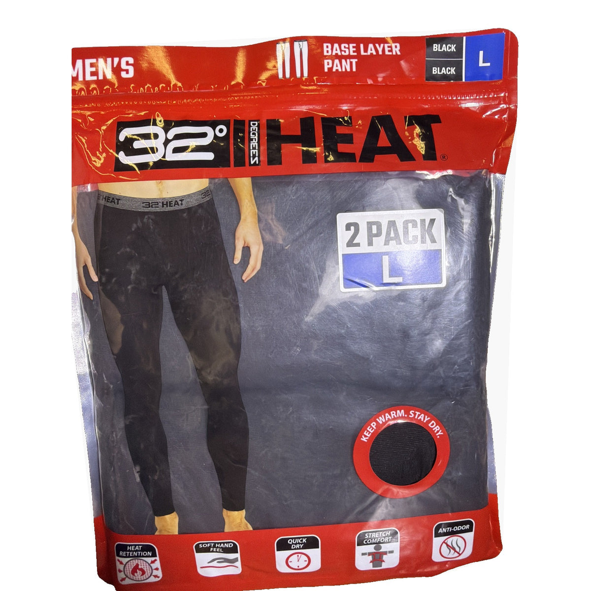 Black 32 Degrees Heat men's base layer pants 2-pack, size L, showing close-up of fabric and fit on a mannequin.