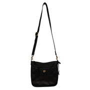 Coach women's black pebbled leather crossbody handbag with gold-tone hardware, featuring a compact shoulder bag design.