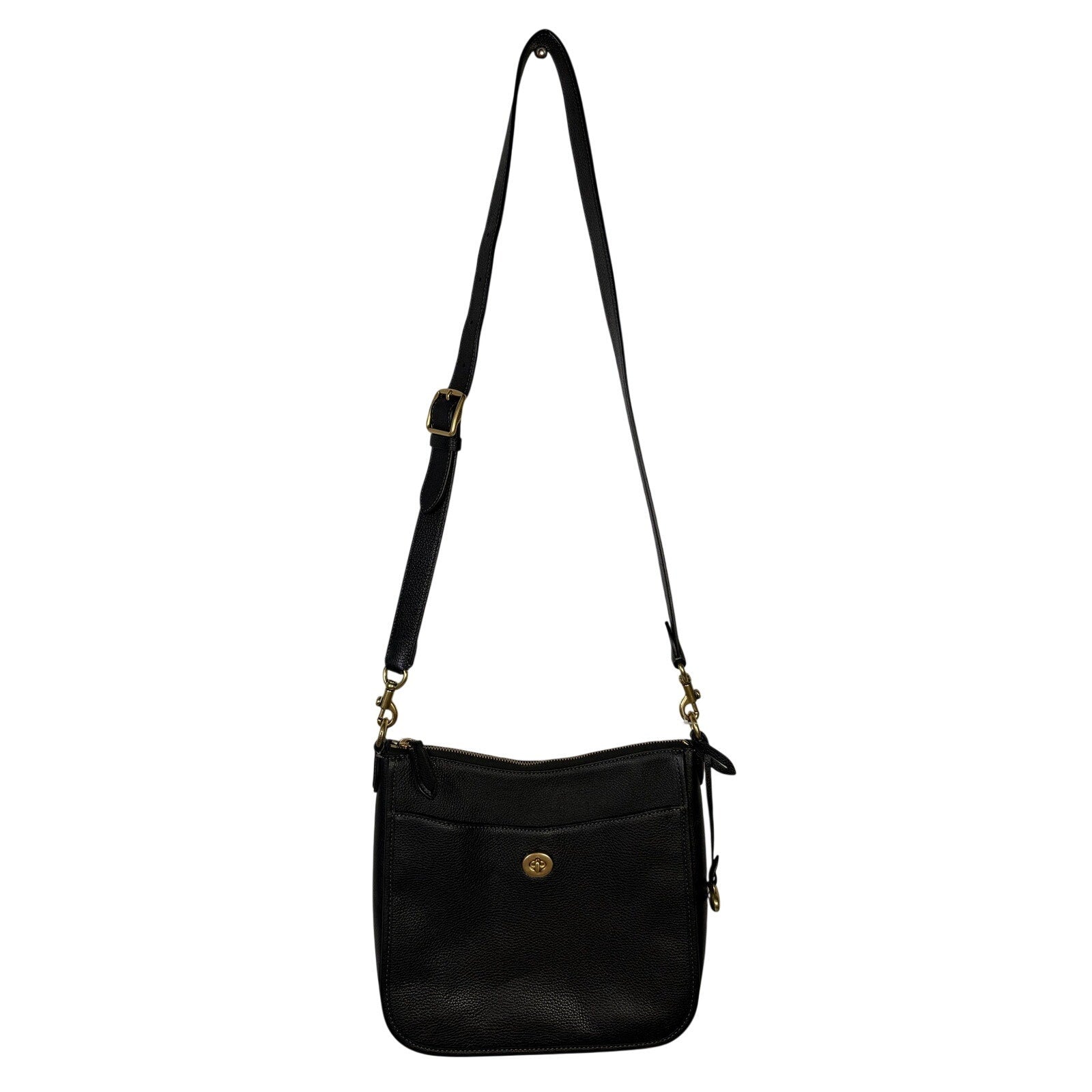 Coach women's black pebbled leather crossbody handbag with gold-tone hardware, featuring a compact shoulder bag design.