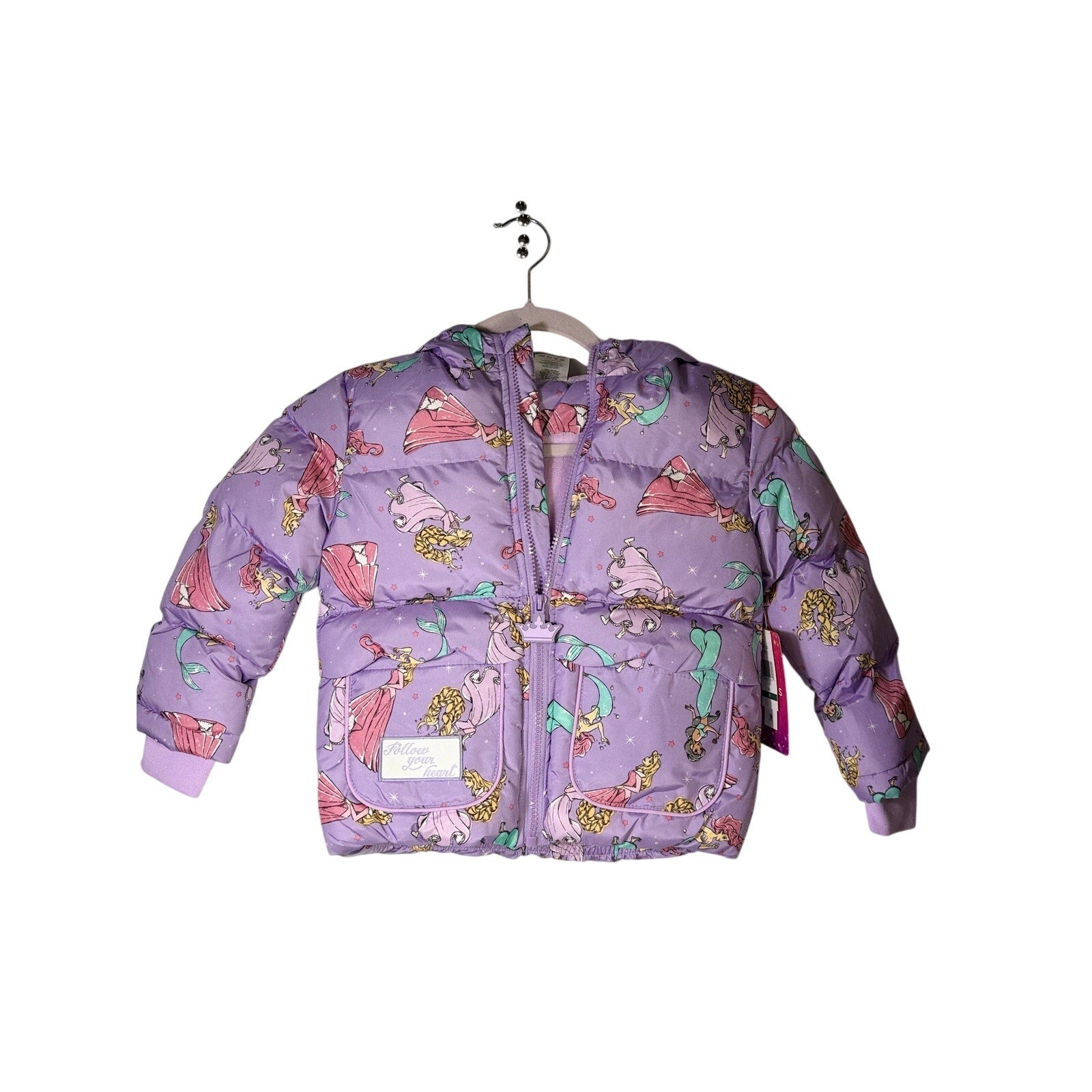 Disney Princess girls' purple hooded puffer jacket, size 5T, with a cozy quilted design and character details.