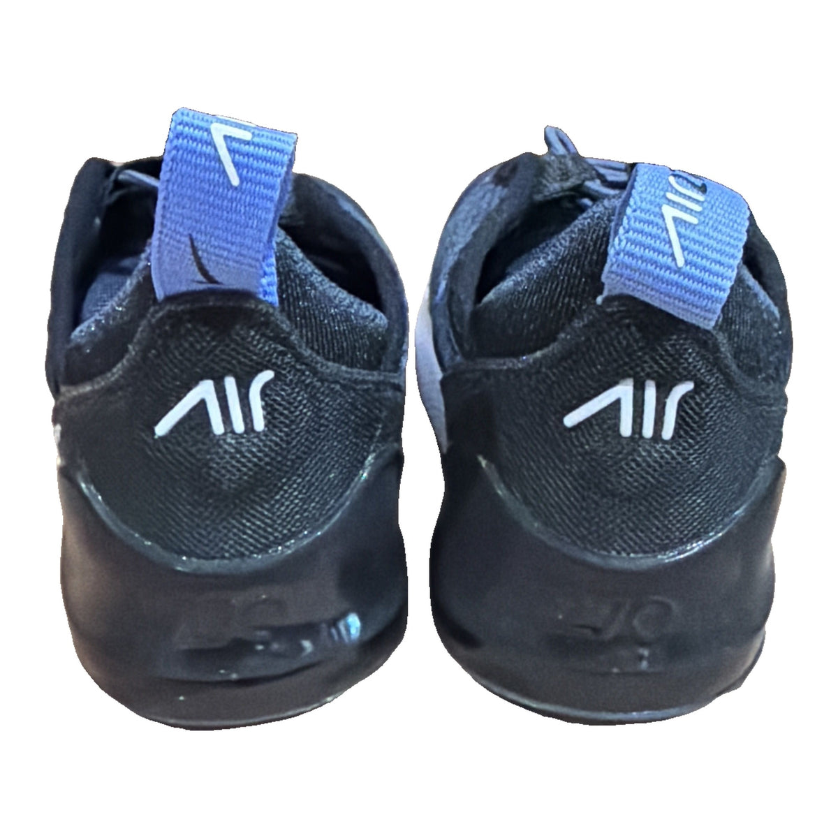 Nike Air Max 270 toddler sneakers in navy, blue, and white with size 4C, shown with a damaged box.
