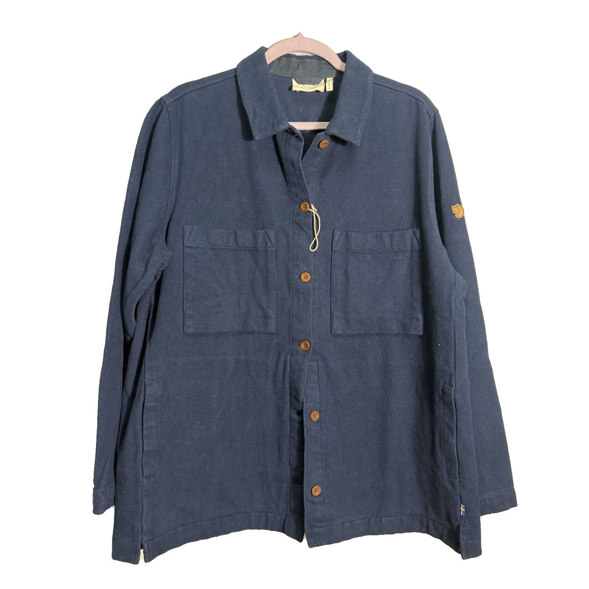 Fjällräven Singi Flannel Overshirt Shacket in dark navy, women's size large, featuring a soft flannel fabric and button-front design.