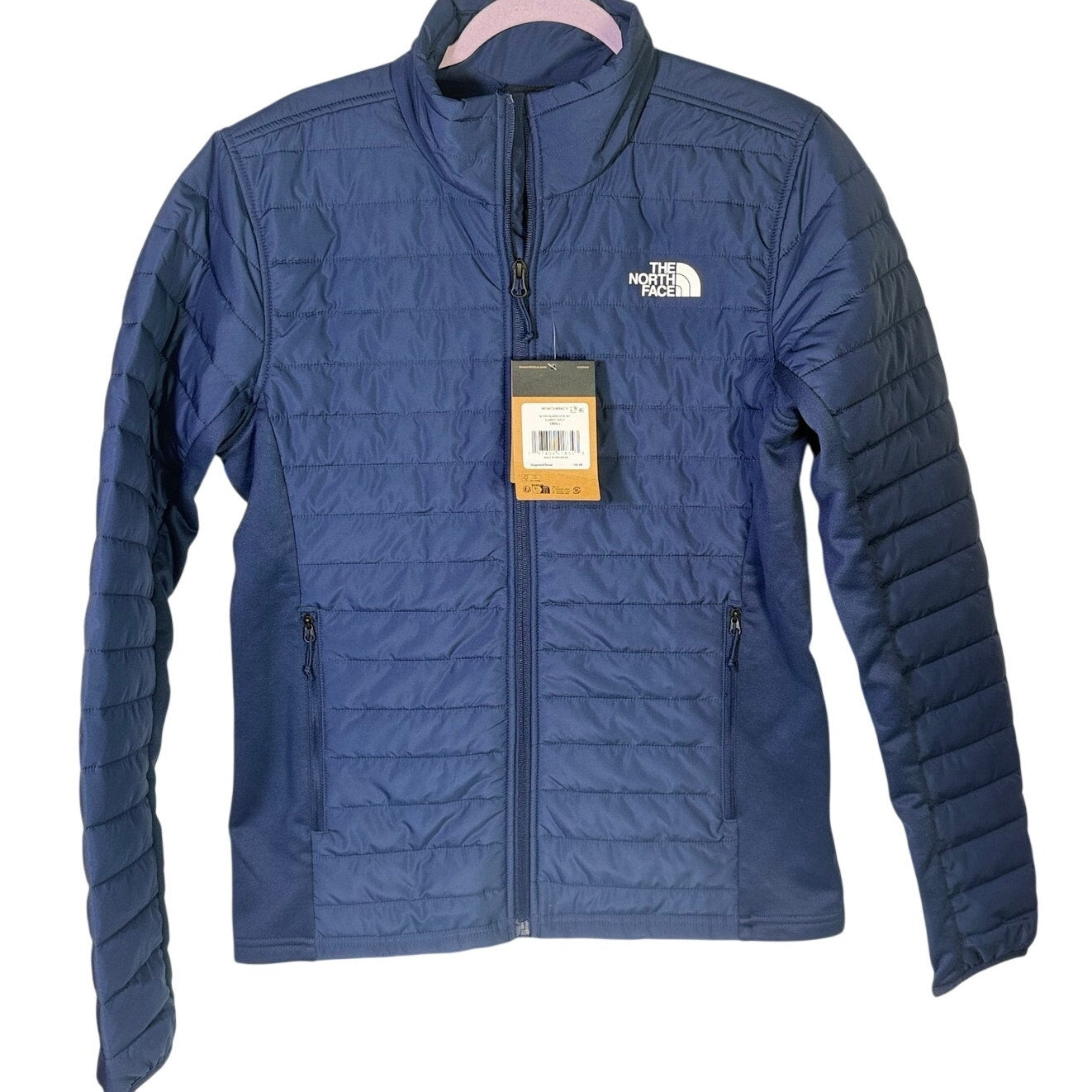 The North Face Men’s Canyonlands Hybrid Jacket in Summit Navy, size small, showing the lightweight, insulated design with logo details.