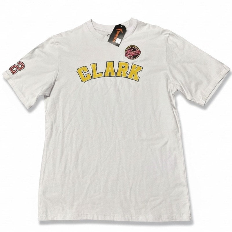 White WNBA Caitlin Clark Indiana Fever T-shirt in adult XL by Fisll featuring team logo and player number 22.