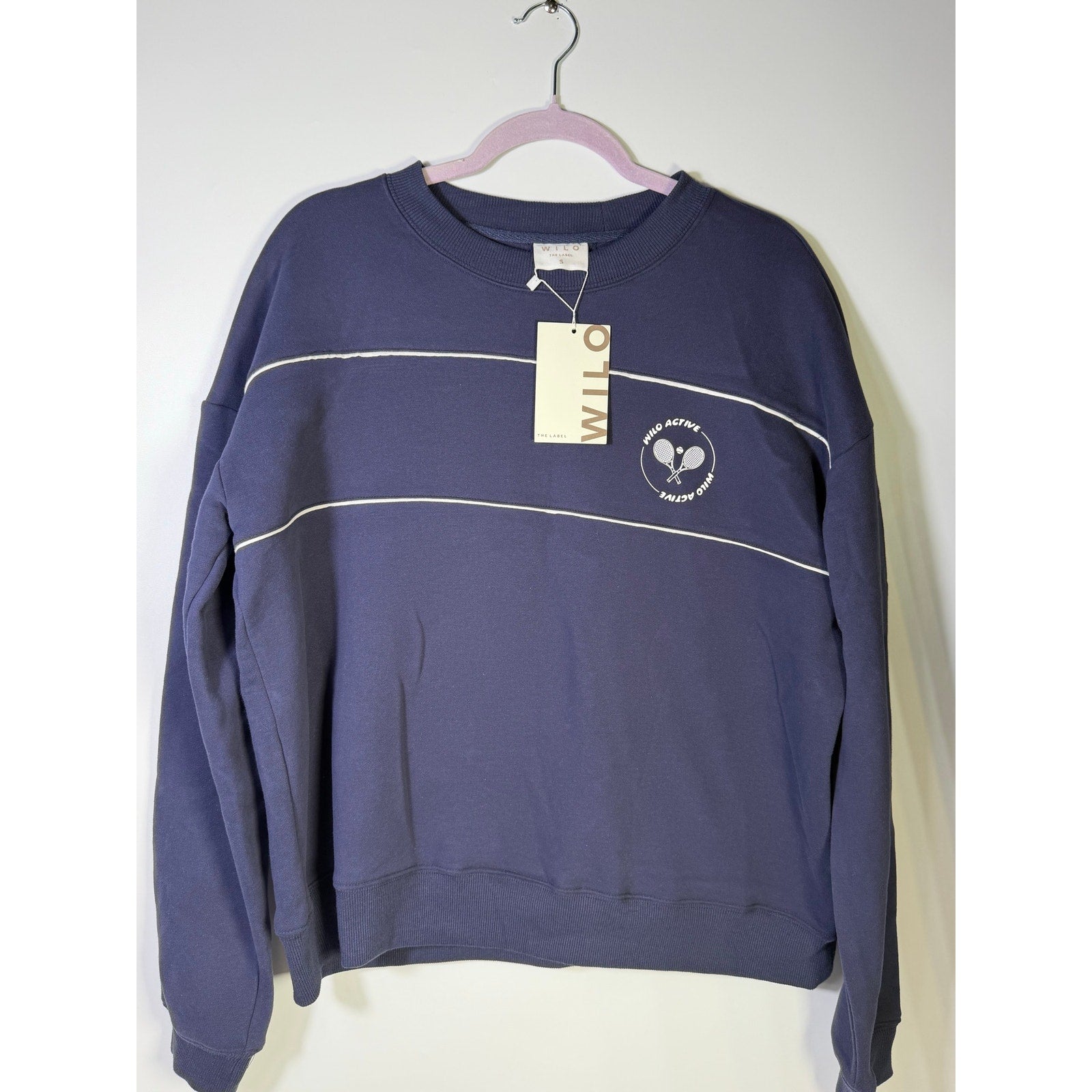 Wilo women's navy 2-piece sweatshirt and leggings set, size small, featuring comfortable fabric and casual style.