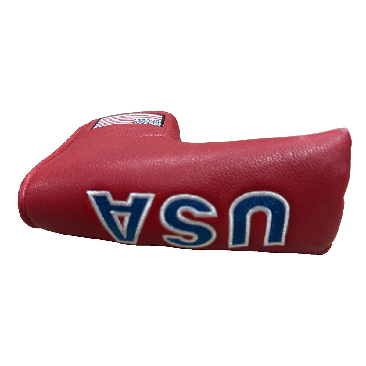 USA American Flag Blade Putter Headcover in red faux leather, designed for golf clubs with patriotic USA flag pattern.
