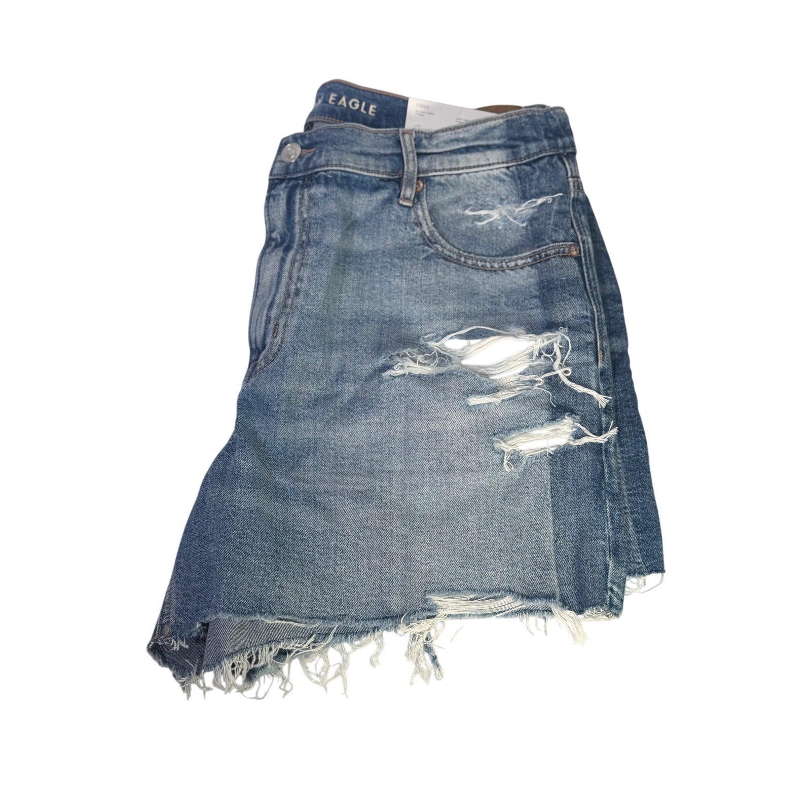 American Eagle women's distressed high-rise denim shorts, relaxed fit, size 14, with frayed hem and distressed details.