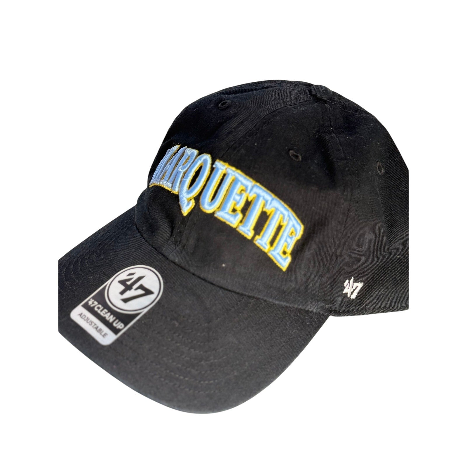 Black '47 Marquette Golden Eagles adjustable hat with curved brim and embroidered team logo on front.