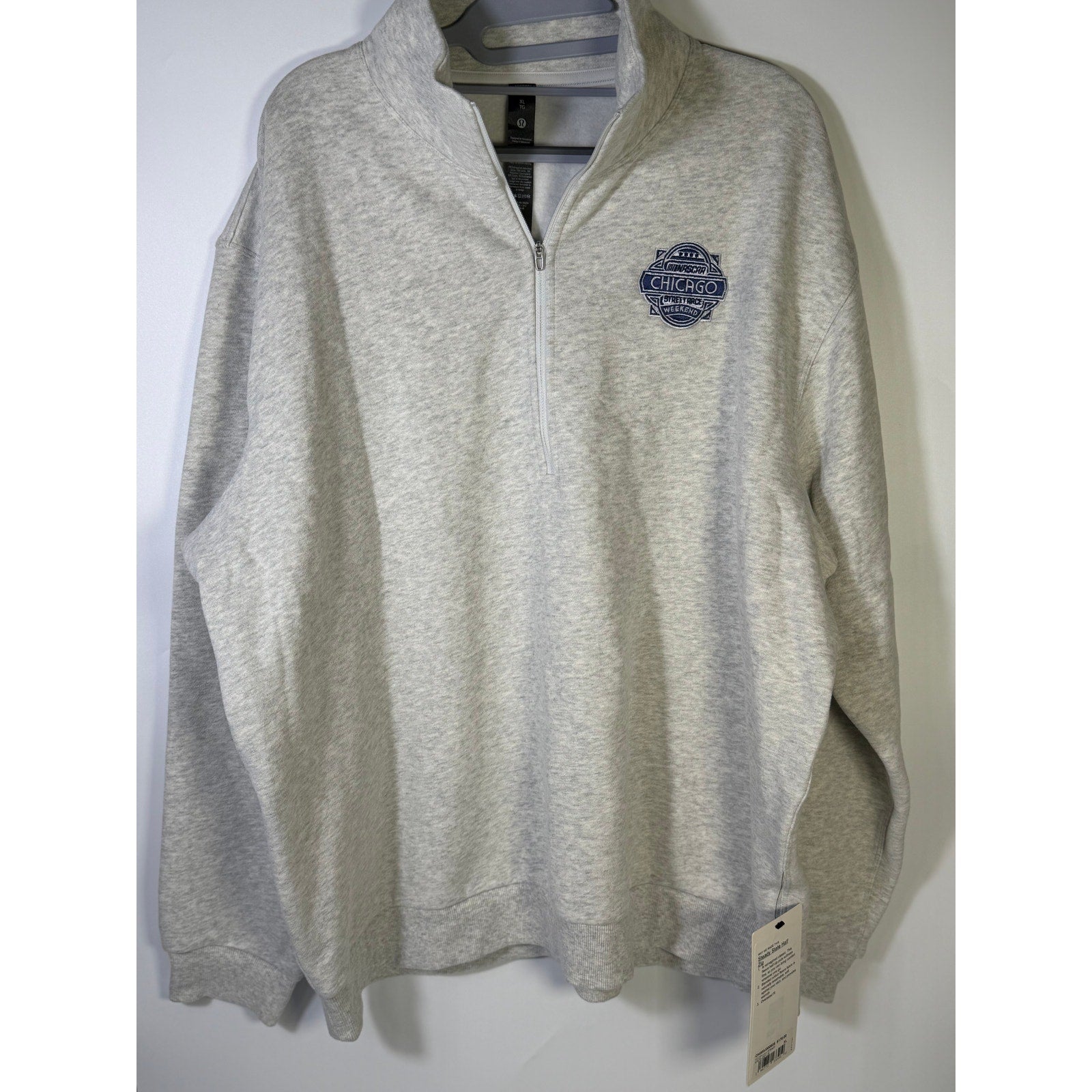 Lululemon Steady State Half Zip Sweatshirt in Chicago Weekend Gray, XL, oversized, front view showing half zip and relaxed fit.