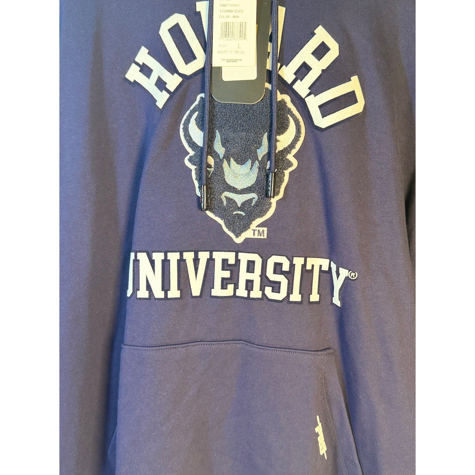 Campus Crew men's navy Howard University Bison pullover hoodie, front view showing logo and comfortable fabric.