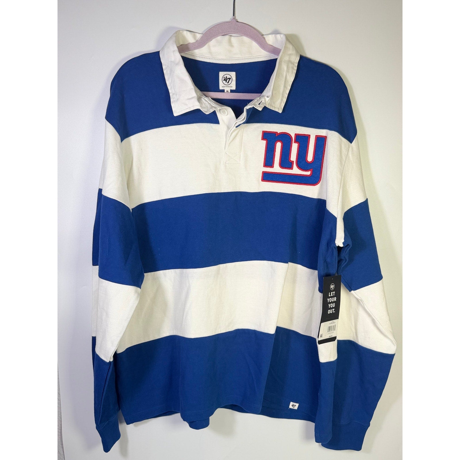 Men's 47 Brand New York Giants rugby shirt in blue and white stripes, long sleeve, size XL, new with tags.