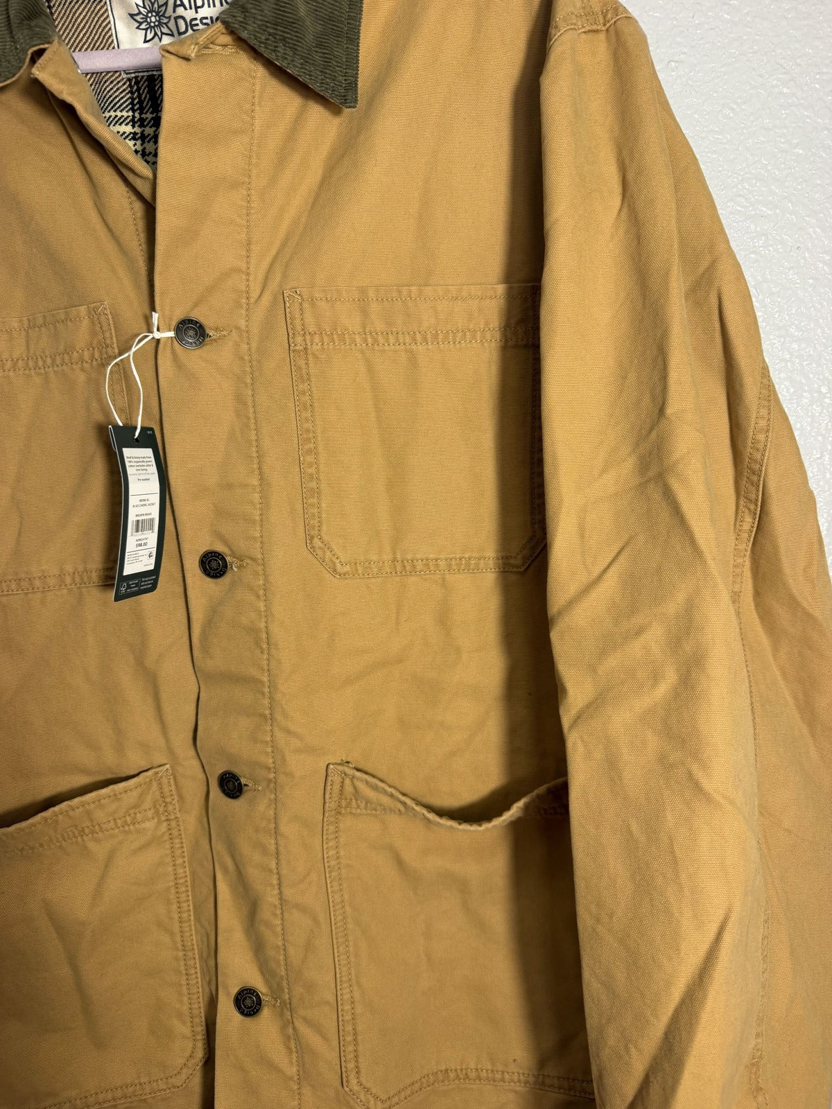 Alpine Design men's flannel-lined canvas chore jacket in brown khaki, size XL, featuring durable fabric and cozy interior.