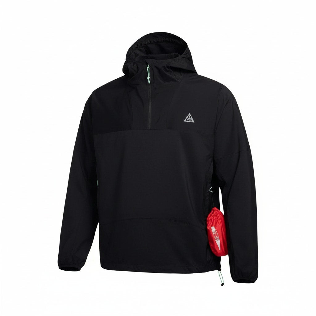 Nike ACG Trail Snacks Storm-FIT ADV men's black jacket with waterproof fabric and adjustable hood, suitable for outdoor activities.