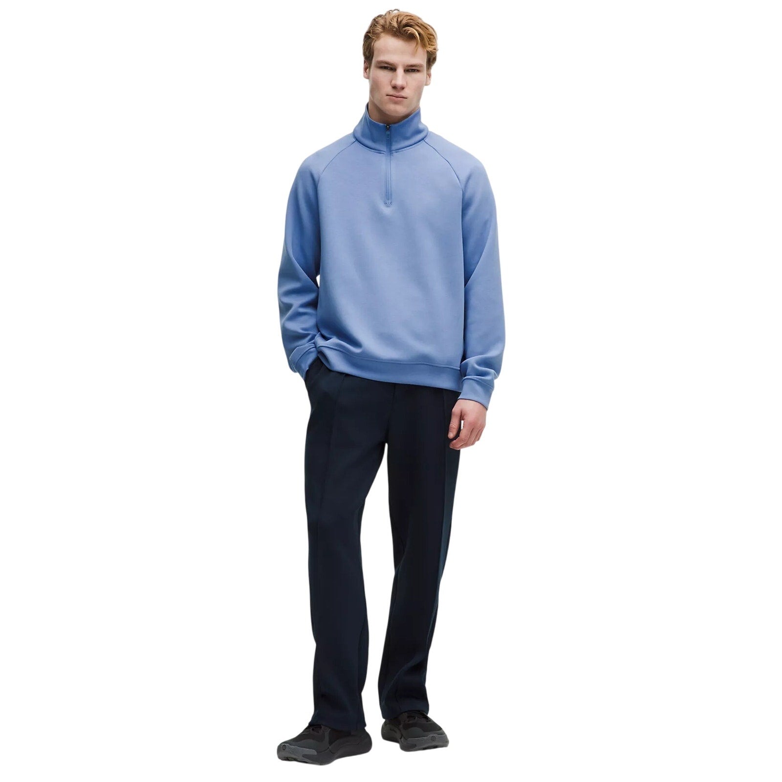 Men's Lululemon Smooth Spacer Quarter Zip sweatshirt in blue, small size, featuring a quarter zip collar and breathable spacer fabric.