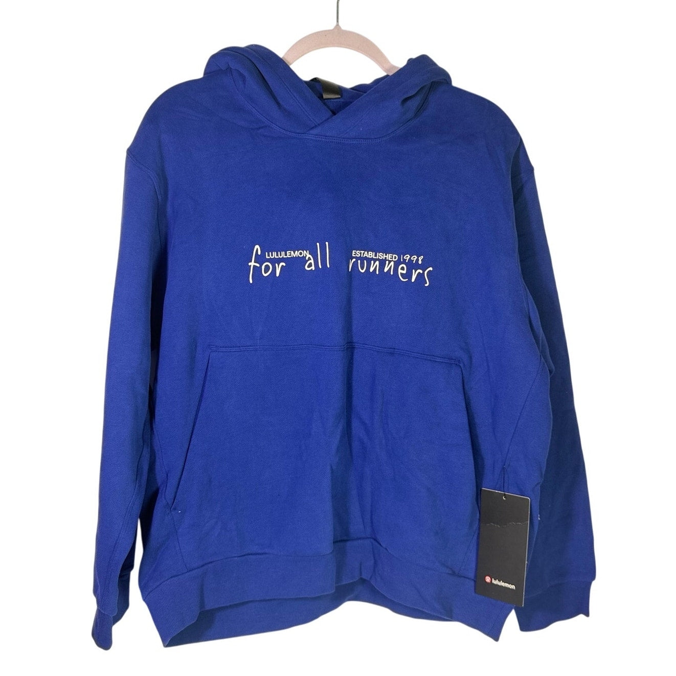 Lululemon women’s blue For All Runners graphic hoodie, size M, casual pullover with athletic design and logo.