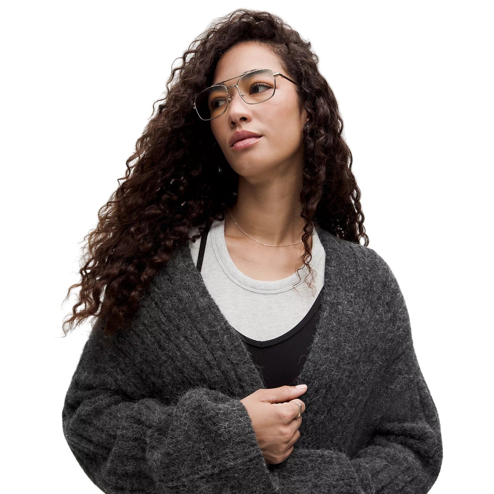 Lululemon women's textured knit long cardigan sweater in charcoal gray with open front and relaxed fit, casual and cozy style.
