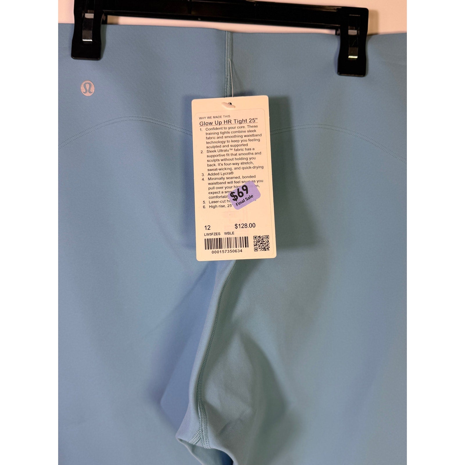 Lululemon Glow Up HR Tight 25-inch women's leggings in Windmill Blue, close-up view showing the fitted, stretchy fabric.