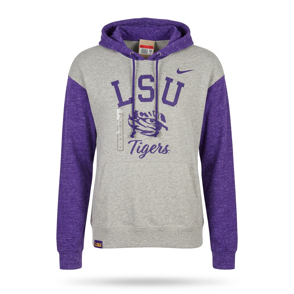 Nike LSU Tigers grey and purple collegiate logo hoodie, front view showing the Nike branding and team logo on the chest.