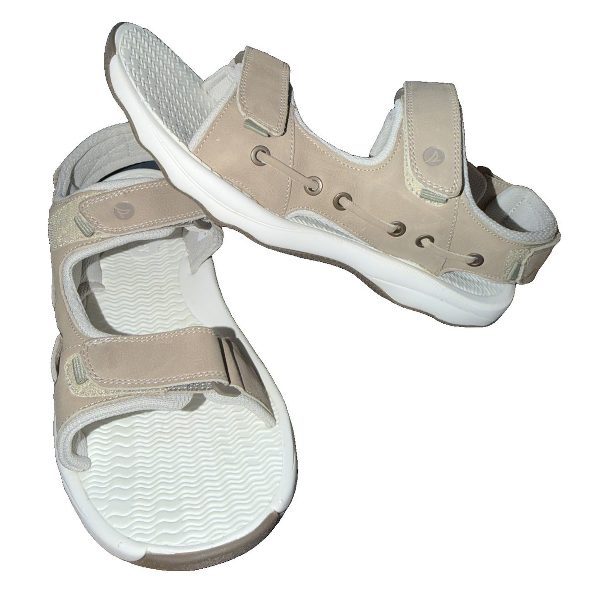Sperry men's taupe leather sport sandals with adjustable straps, wide fit, size 10W, new in box, showing front and side view.