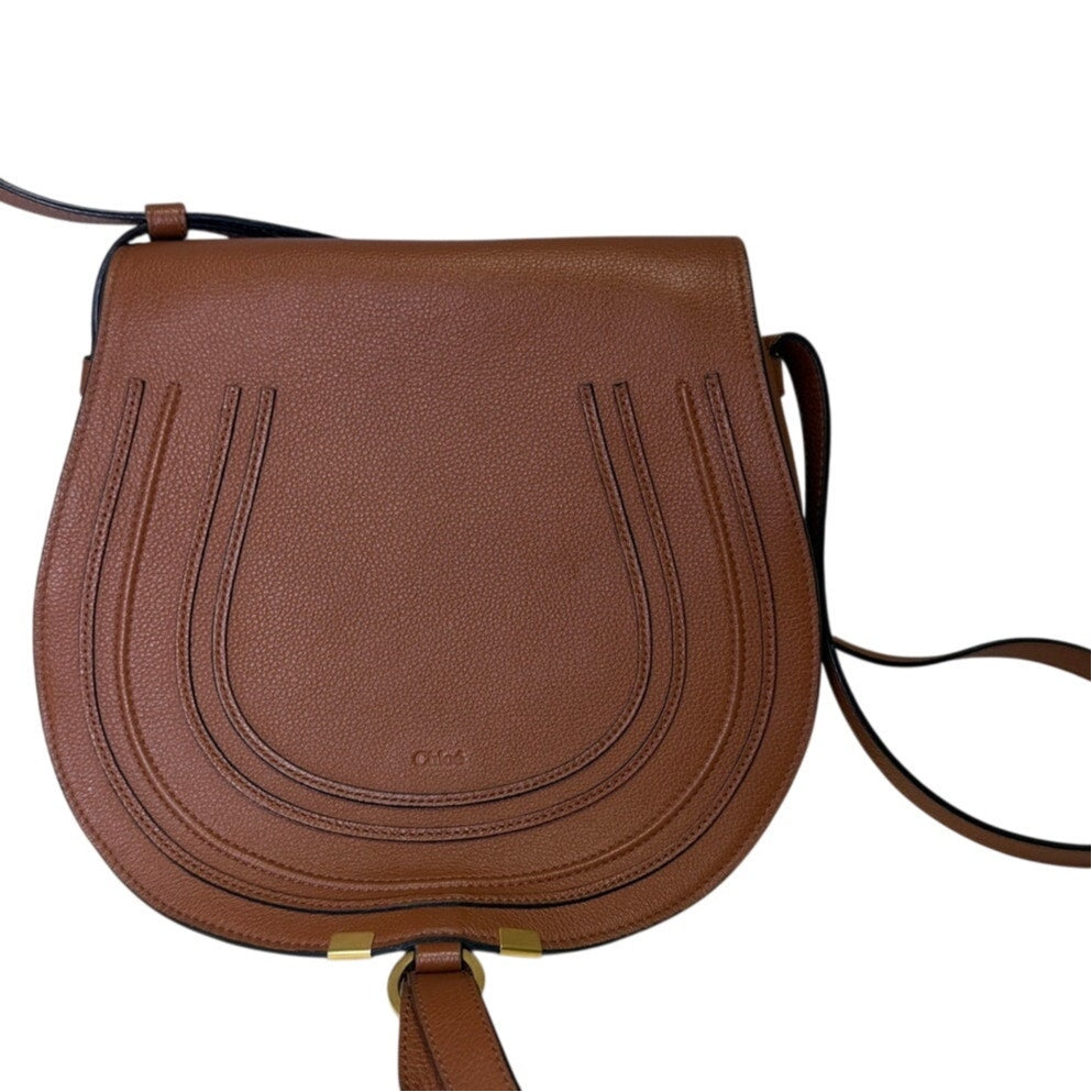 Chloé Marcie Medium Saddle Crossbody Bag Grained Calfskin Leather Gold Hardware – Brown