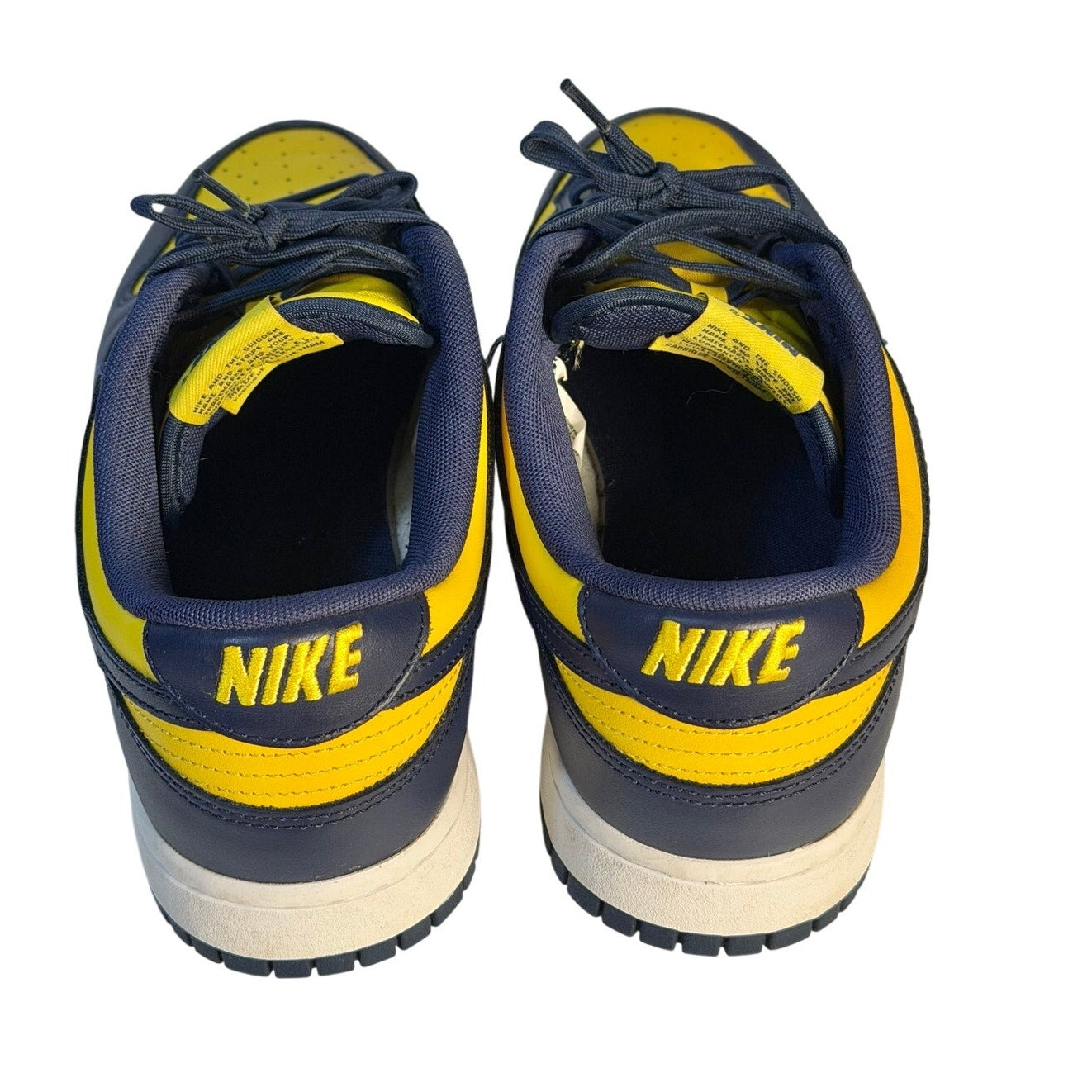 Nike Dunk Low Michigan Navy Yellow leather sneakers for men, US size 11, featuring navy and yellow color blocking.