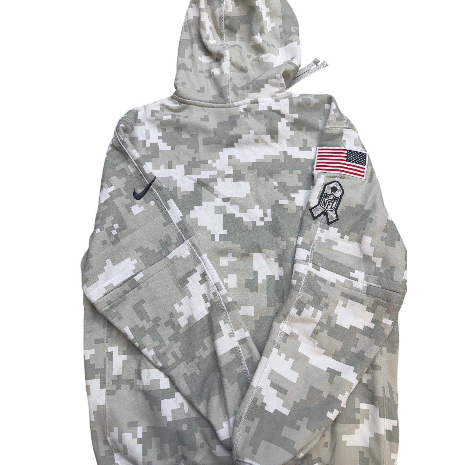 Gray Nike NFL New Orleans Saints "Salute to Service" hoodie with digital camo design, featuring team logo and military-inspired details.