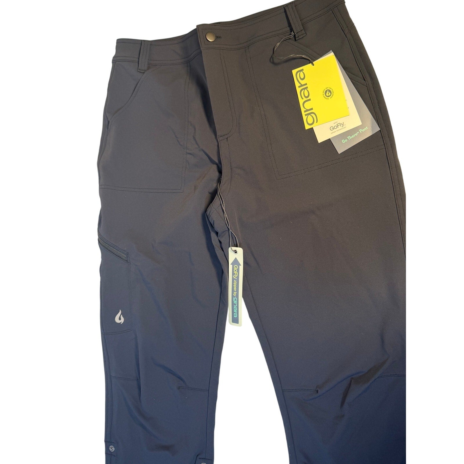 Gnara Go There women's black outdoor hiking pants, size 12, with a 30.75-inch inseam, shown flat with waistband and pockets.