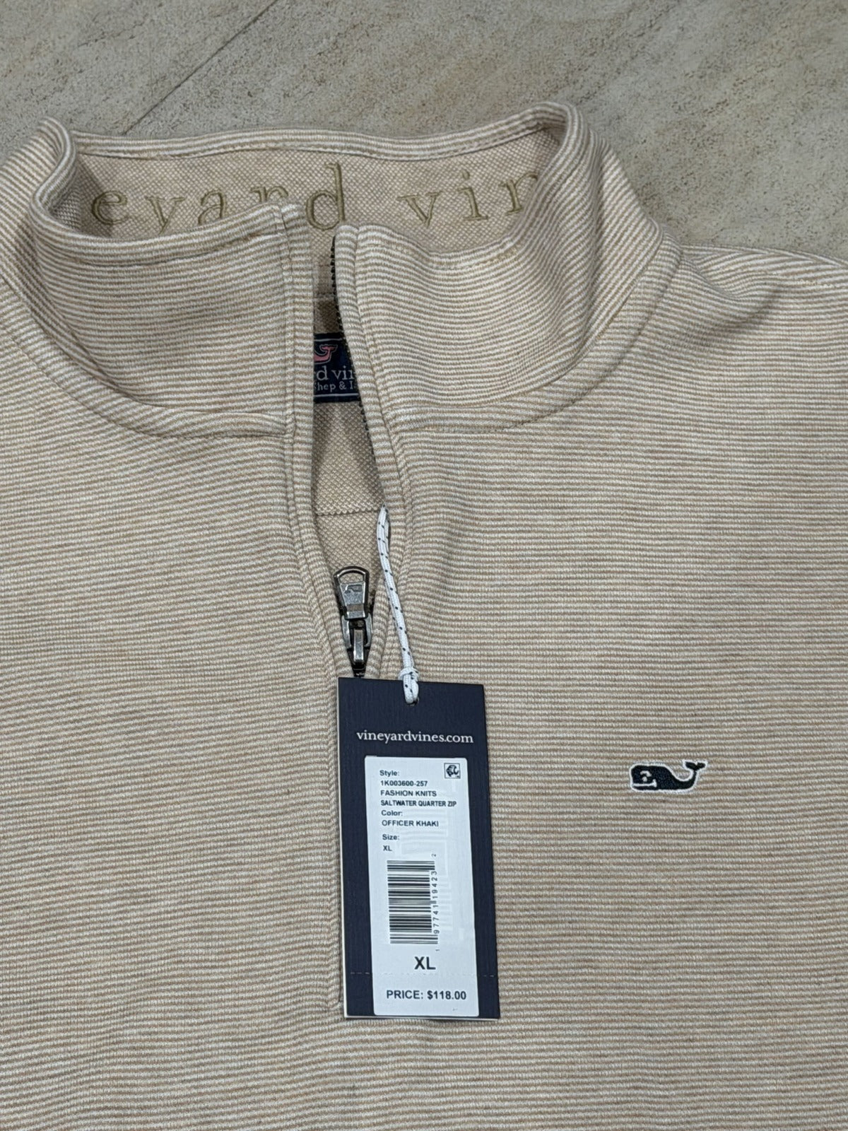 Vineyard Vines men's XL Saltwater quarter zip pullover in officer khaki with navy and white stripes, new with tags.