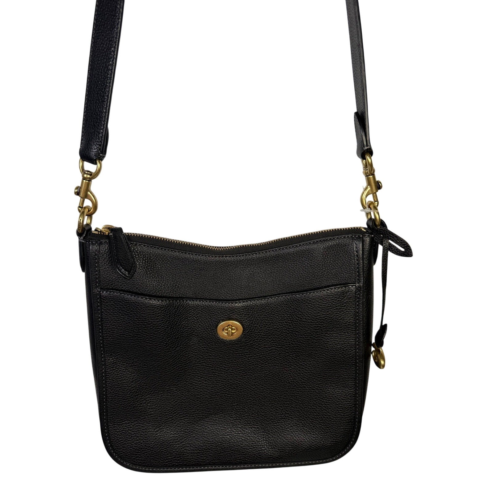 Coach women's black pebbled leather crossbody handbag with gold-tone hardware, stylish shoulder bag for everyday use.