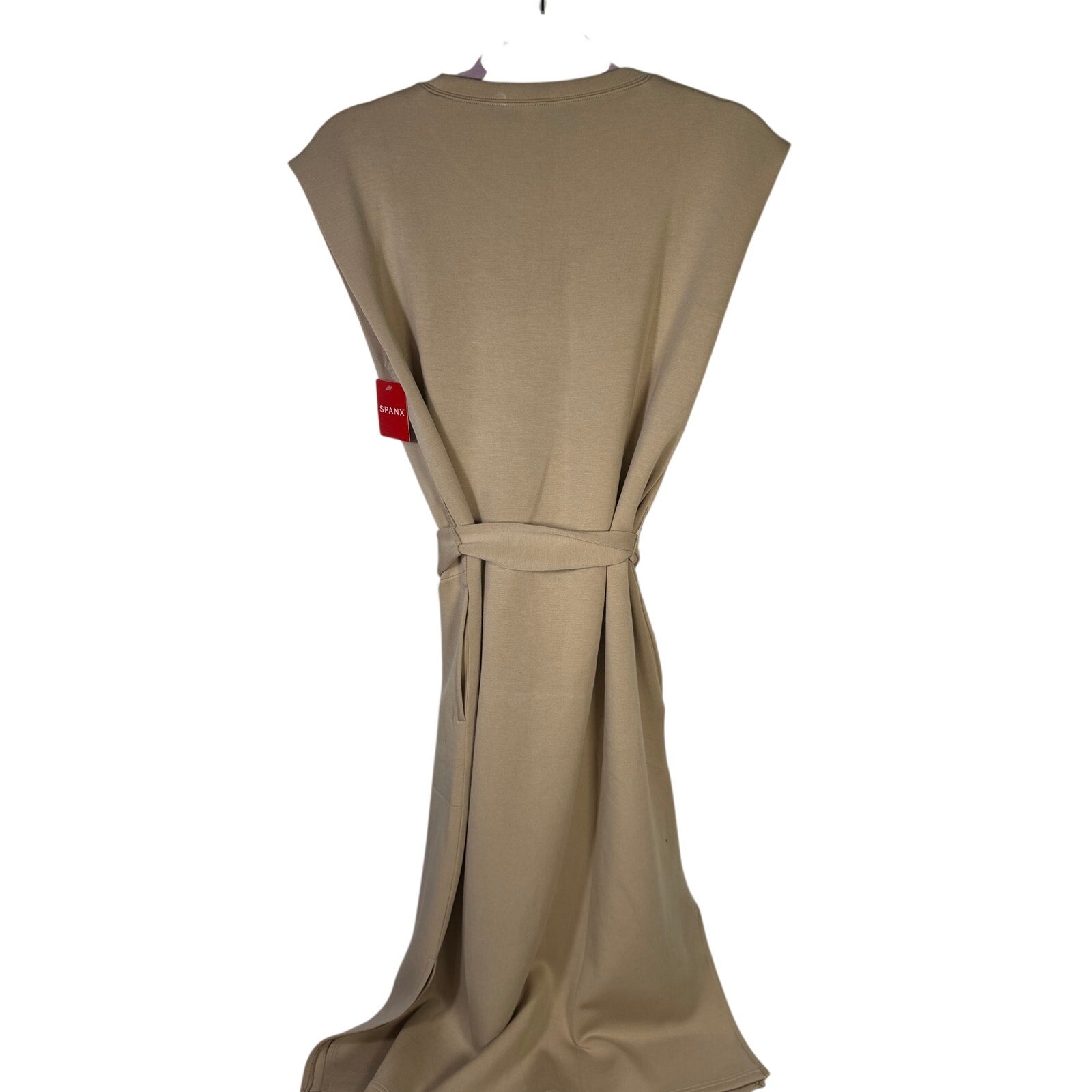 Spanx AirEssentials sleeveless tie-waist tank dress in Tahini, size large, featuring a comfortable, casual fit and stylish design.