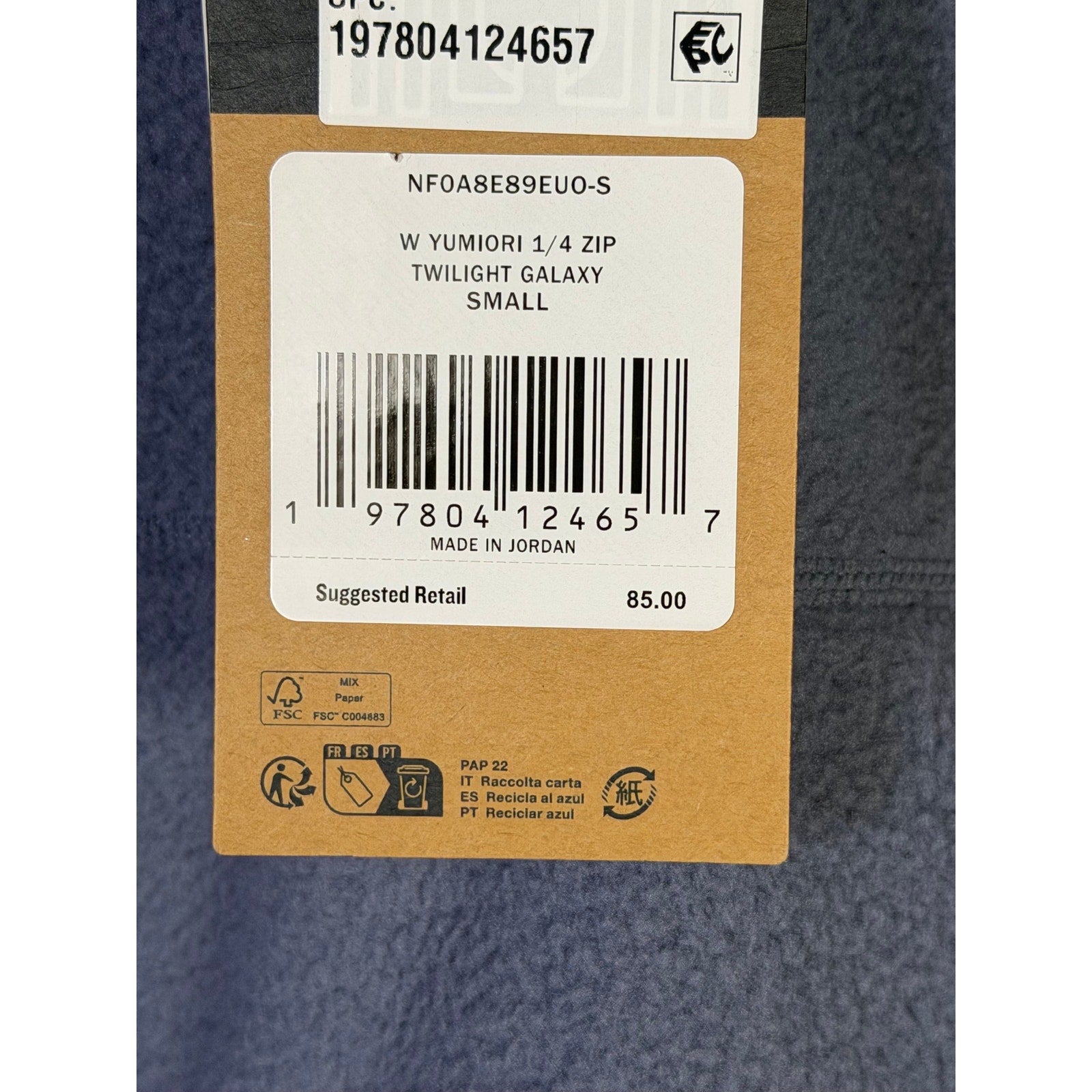 The North Face Women’s Yumiori 1/4 Zip Fleece Pullover in Twilight Galaxy, size S, displayed on a hanger.