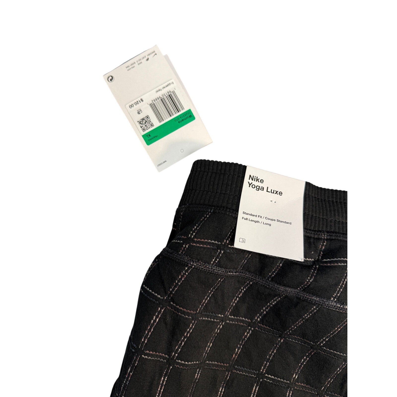 Black Nike Yoga Luxe Dri-FIT Grid jogger pants for women, XL, showcasing comfortable athletic pants with Nike branding.
