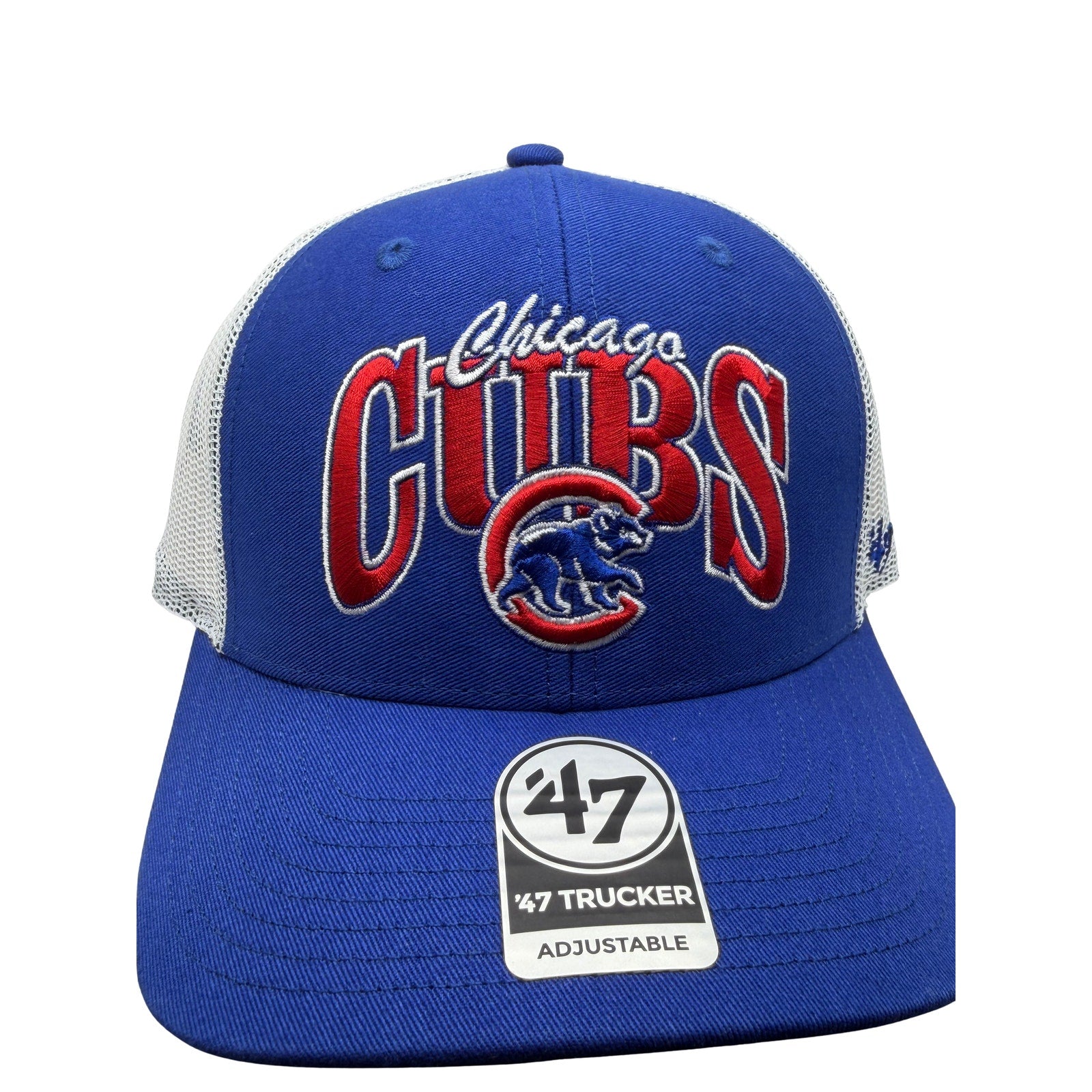 Blue and white Chicago Cubs MLB ’47 trucker hat with adjustable strap, featuring team logo and breathable mesh design.