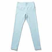 Lululemon Athletica light baby blue full-length women's leggings, size 2, shown on a model with a close-up of fabric and fit.