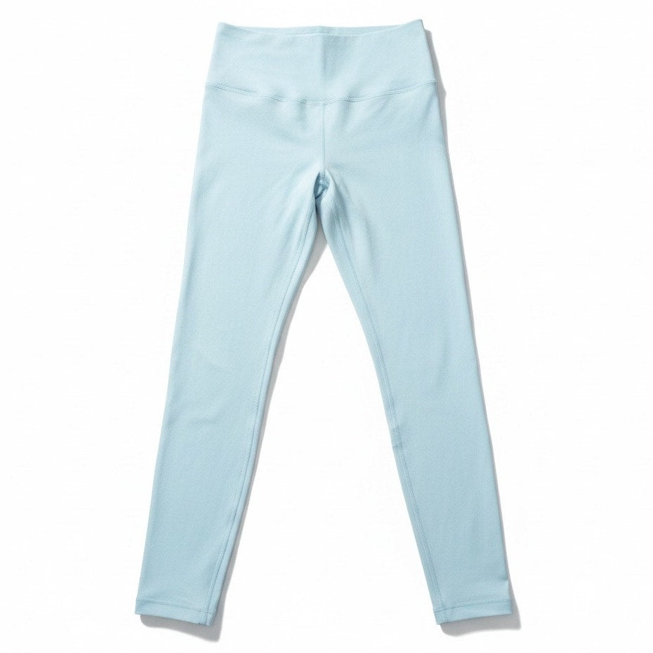 Lululemon Athletica light baby blue full-length women's leggings, size 2, shown on a model with a close-up of fabric and fit.