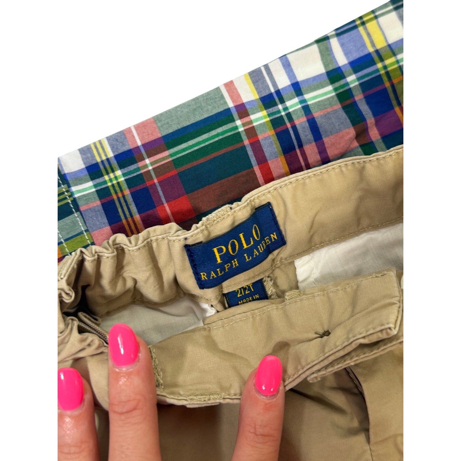 Ralph Lauren boys plaid shirt and khaki chino shorts outfit set for 2T, featuring a classic polo style on a child model.