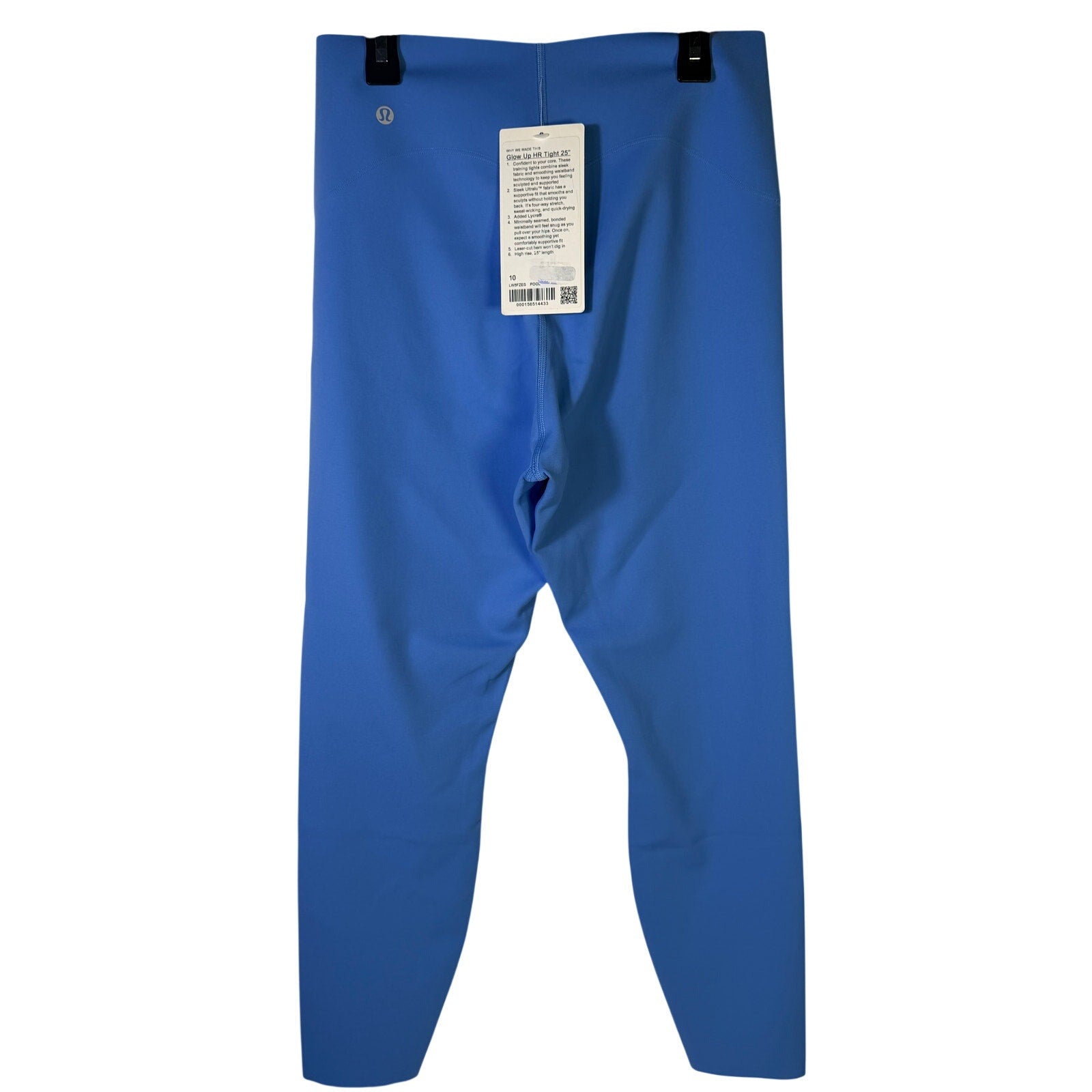 Lululemon Glow Up high-rise leggings in 25-inch length, pool party blue color, size 10, shown on a model.