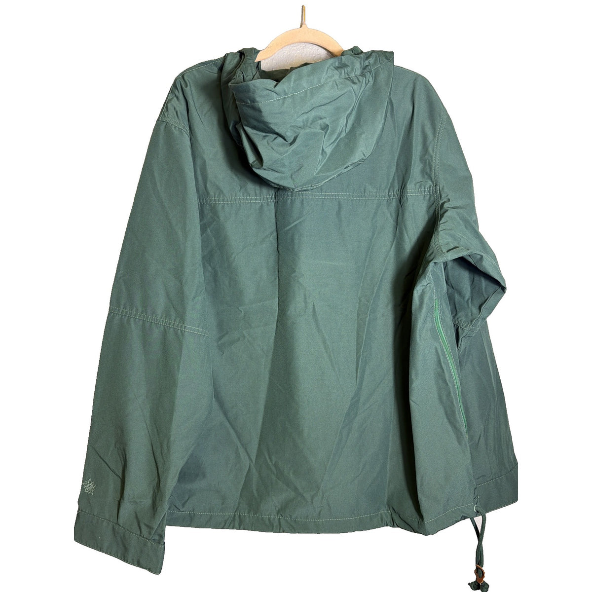 Alpine Design 1962 Anorak Pullover Hooded Jacket in Forest Shadow Green, men's size L, front view with hood and zipper.