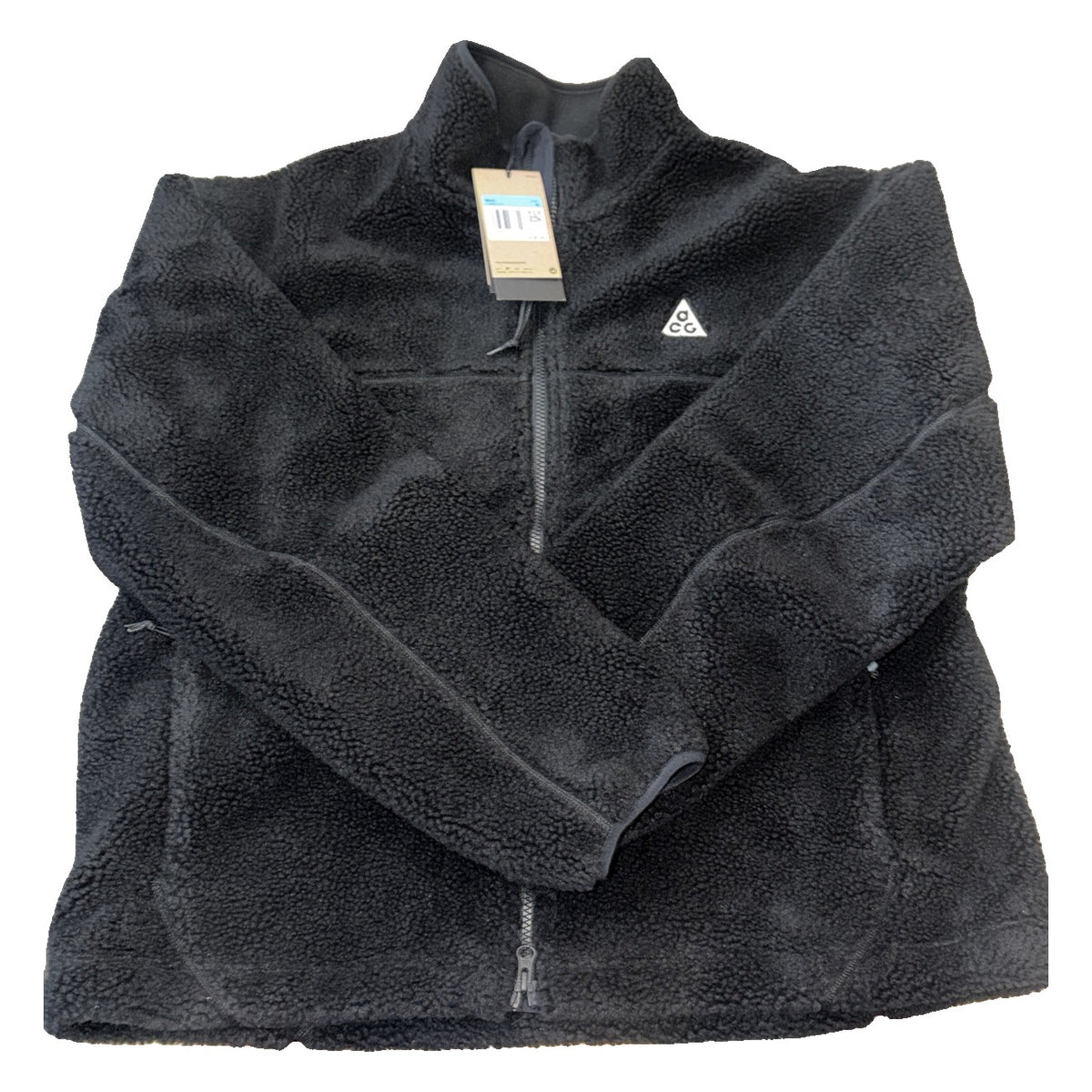Black Nike ACG Sherpa Fleece full-zip jacket for men, size M, with a cozy fleece interior and sporty design.