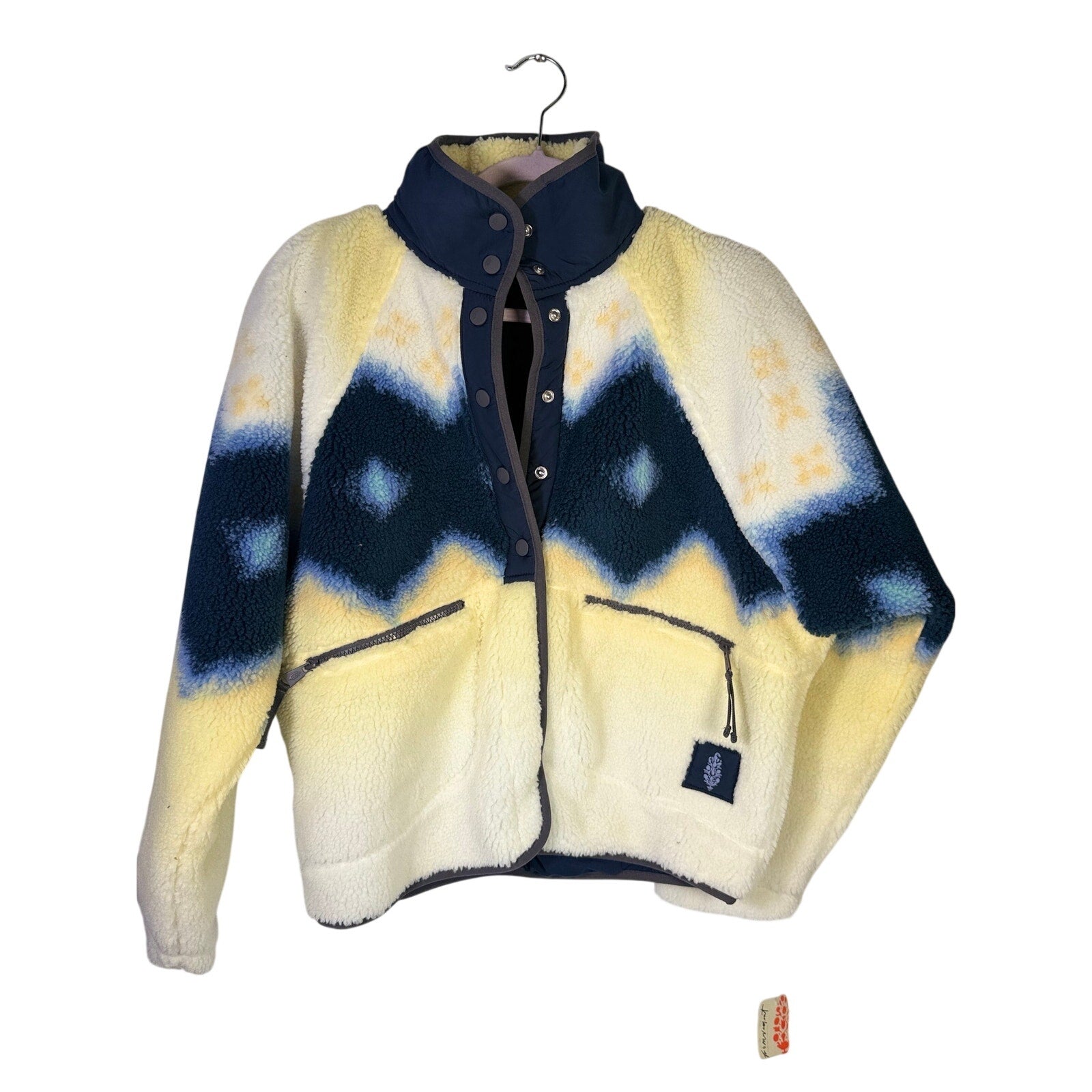 Free People women's Soft Glow Sun combo fleece jacket in yellow and blue, size small, showcasing cozy fleece material and vibrant colors.